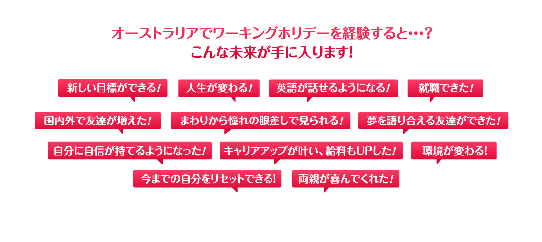 オーストラリアでワーキングホリデーを経験すると・・・？
こんな未来が手に入ります！